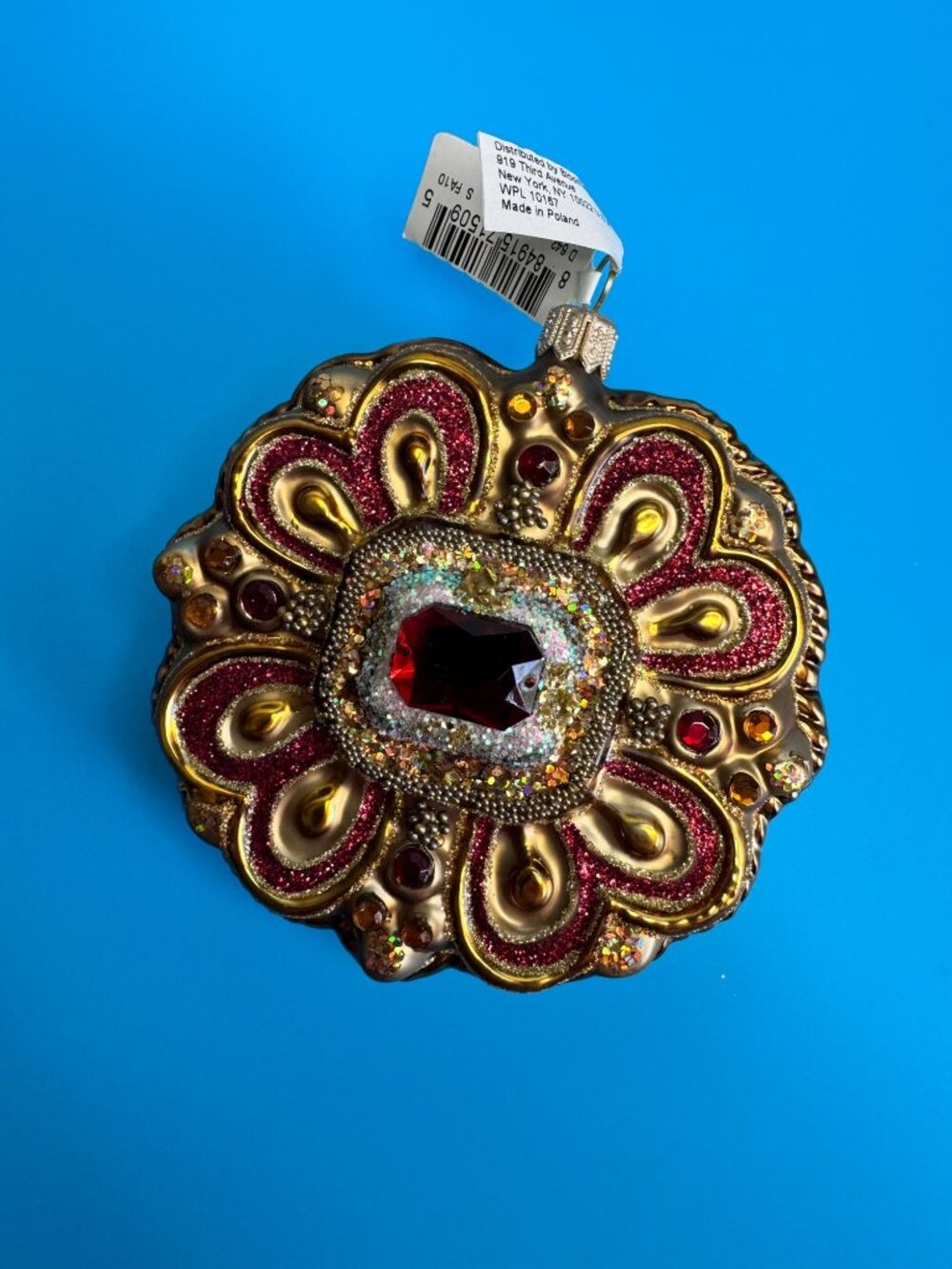 Vintage Polish Glass Jewel Ornament Bloomingdales Ruby Glitter Medallion 3.5” - Picture 3 of 7